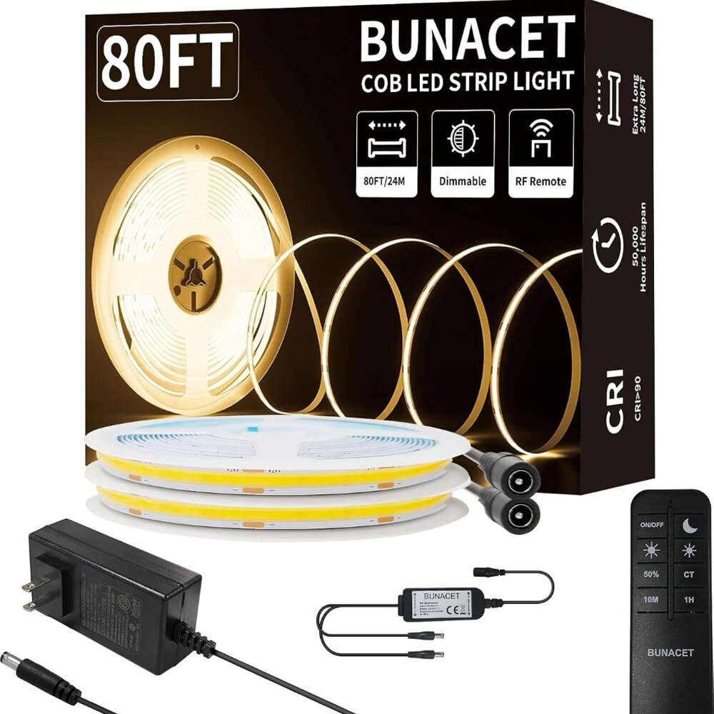 Brand New – 80FT COB LED Strip Light (2 Rolls of 40FT) Warm White Dimmable 3000K